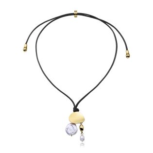 COLGANTE VICEROY ACERO IP DORADO PERLA NATURAL CORDÓN TRENZADO NEGRO 
