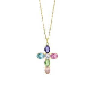GARGANTLLA VICTORIA CRUZ PLATA DE LEY BAÑADA EN ORO CRISTALES MULTICOLOR 
