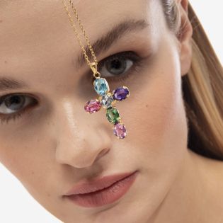 GARGANTLLA VICTORIA CRUZ PLATA DE LEY BAÑADA EN ORO CRISTALES MULTICOLOR 