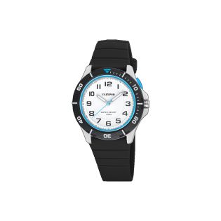 RELOJ CALYPSO ANALOGICO CORREA NEGRA ESF. BLANCA DETALLES AZULES 
